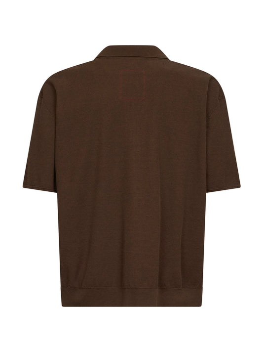 Brown rib wool and silk crepe knit polo shirt