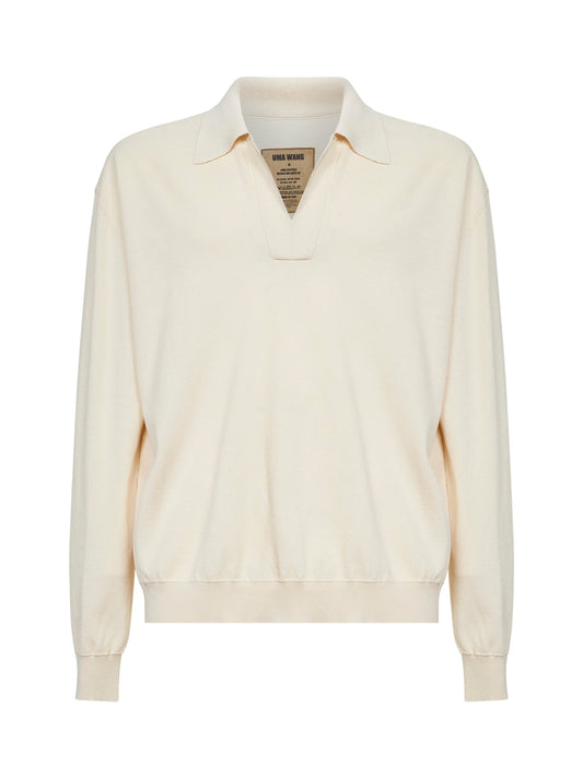 Off white rib wool and silk crepe knit polo shirt