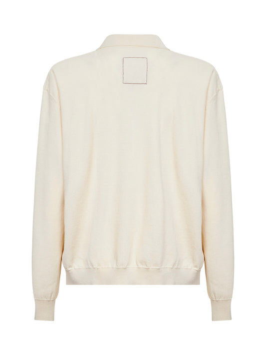 Off white rib wool and silk crepe knit polo shirt