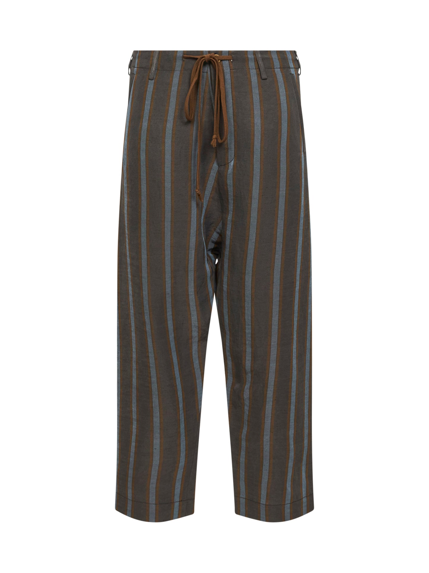 Brown and blue striped linen and viscose straight trousers