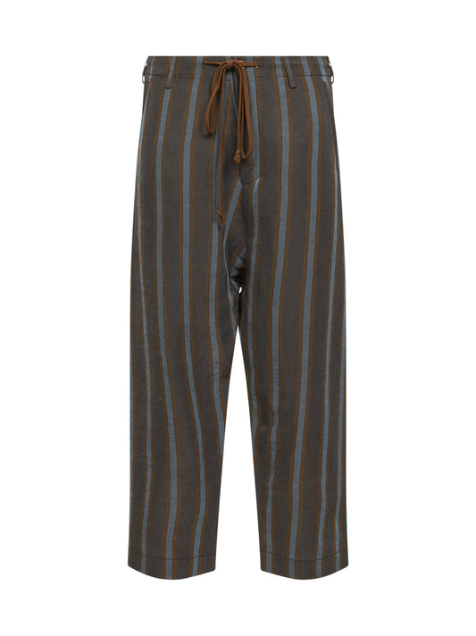 Brown and blue striped linen and viscose straight trousers