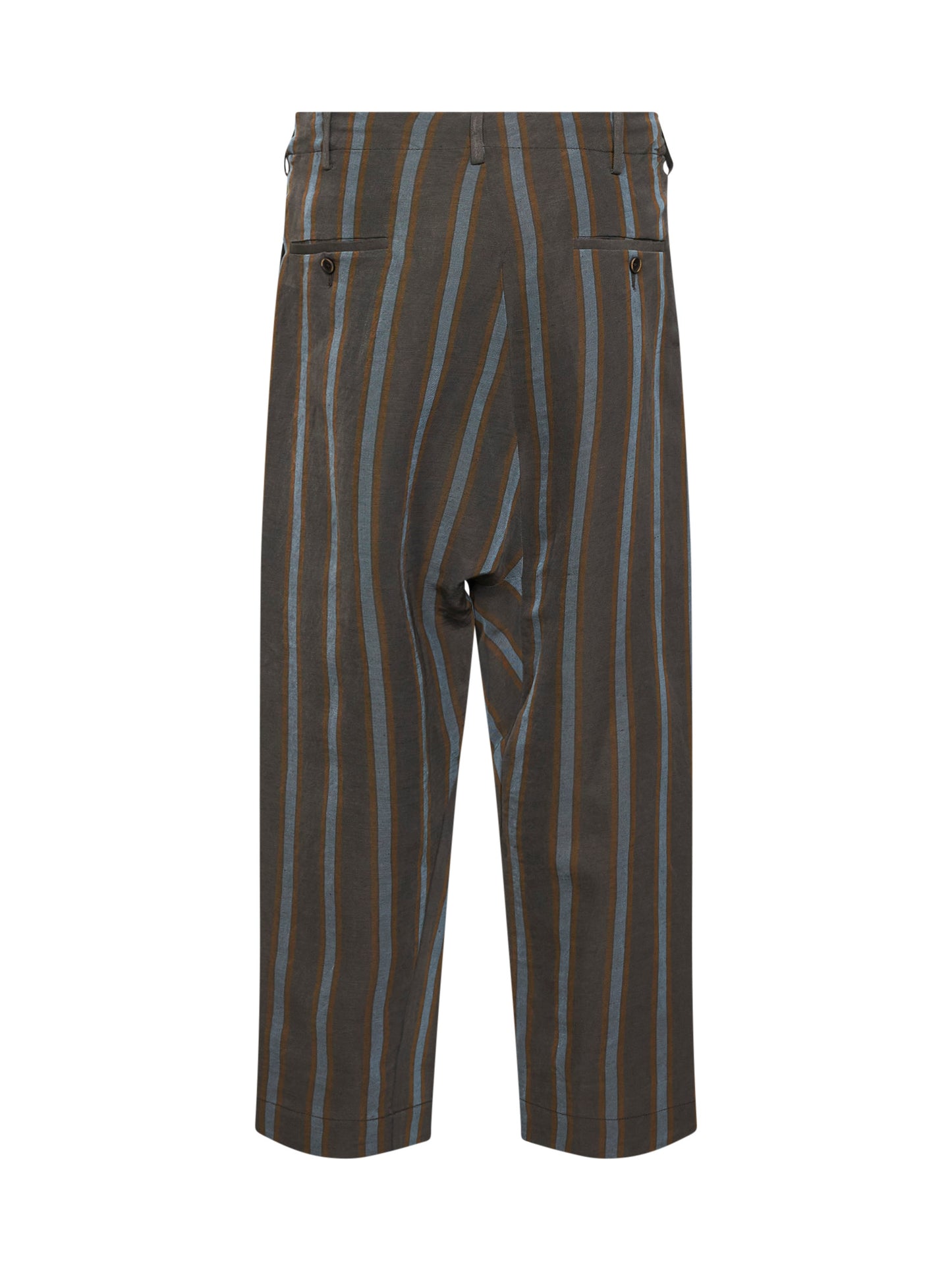 Brown and blue striped linen and viscose straight trousers
