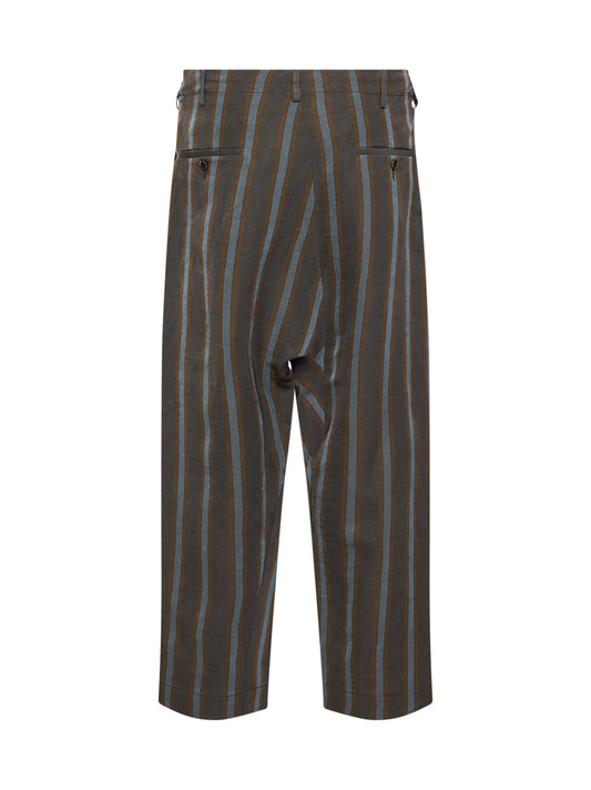 Brown and blue striped linen and viscose straight trousers