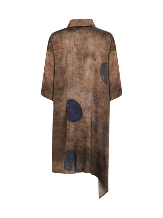 Camicia asimmetrica Thetis in seta stretch stampata marrone