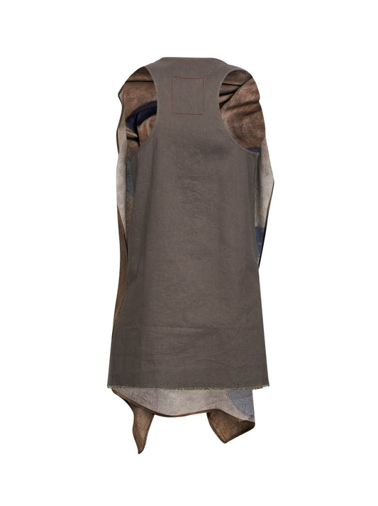 Top asimmetrico Taylor in misto lino stretch marrone con pannello stampato