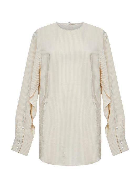 Camicia asimmetrica Tyler in viscosa jacquard a righe bianco sporco<BR/>