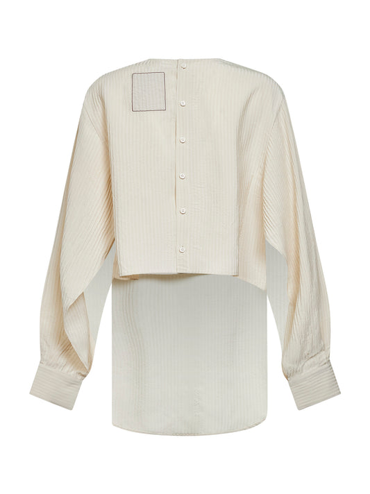 Camicia asimmetrica Tyler in viscosa jacquard a righe bianco sporco<BR/>