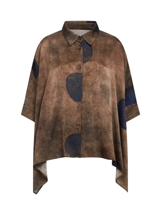 Camicia asimmetrica Toto in seta stretch stampata marrone