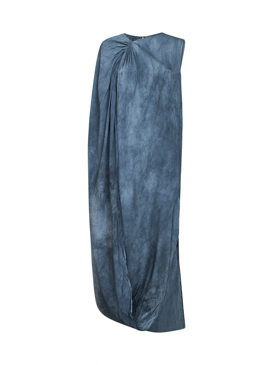 Abito lungo asimmetrico Auro in seta stretch blu acciaio
