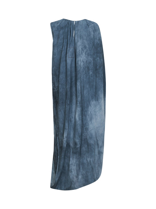 Abito lungo asimmetrico Auro in seta stretch blu acciaio