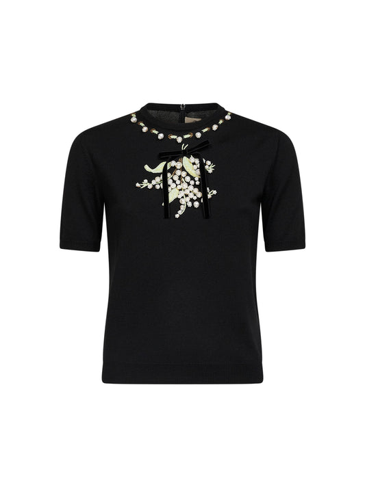 Black virgin wool embroidered sweater