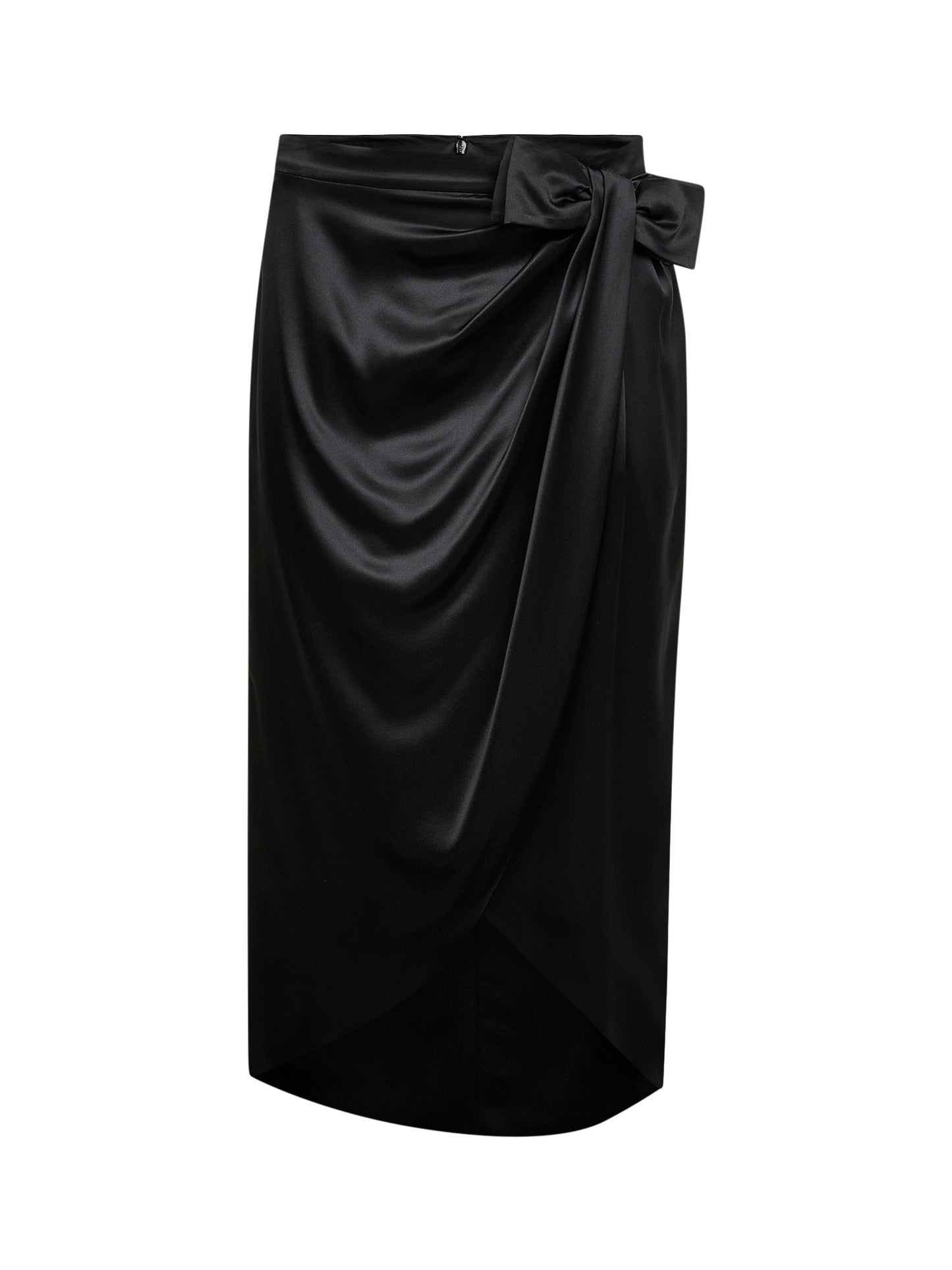 Black Solid Crepe Satin midi skirt with bow