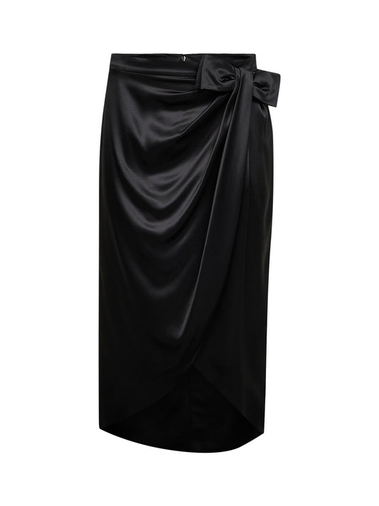 Black Solid Crepe Satin midi skirt with bow