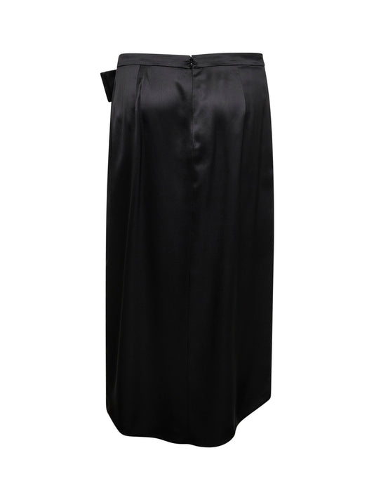 Black Solid Crepe Satin midi skirt with bow