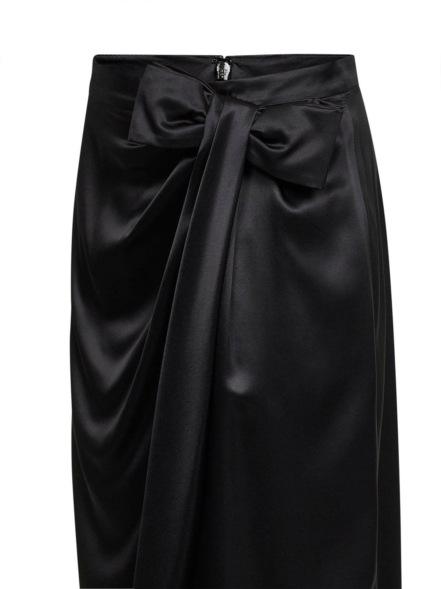 Black Solid Crepe Satin midi skirt with bow