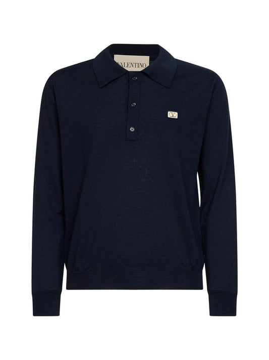 Navy blue wool knit Valentino polo shirt with Vlogo patch