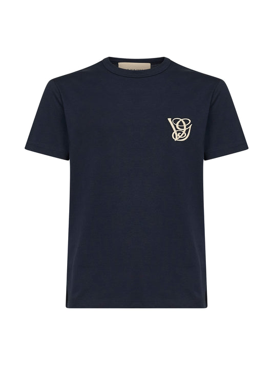 Navy blue cotton Vg embroidery T-shirt