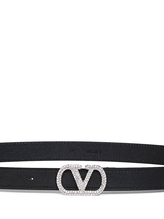 Cintura VLogo Signature con cristalli in vitello lucido nero
