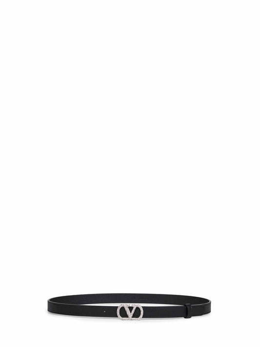 Black leather crystal-embellished VLogo Signature belt