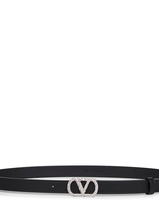 Black leather crystal-embellished VLogo Signature belt