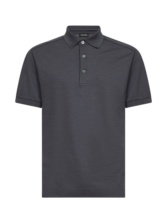 Grey cotton and silk pique polo shirt