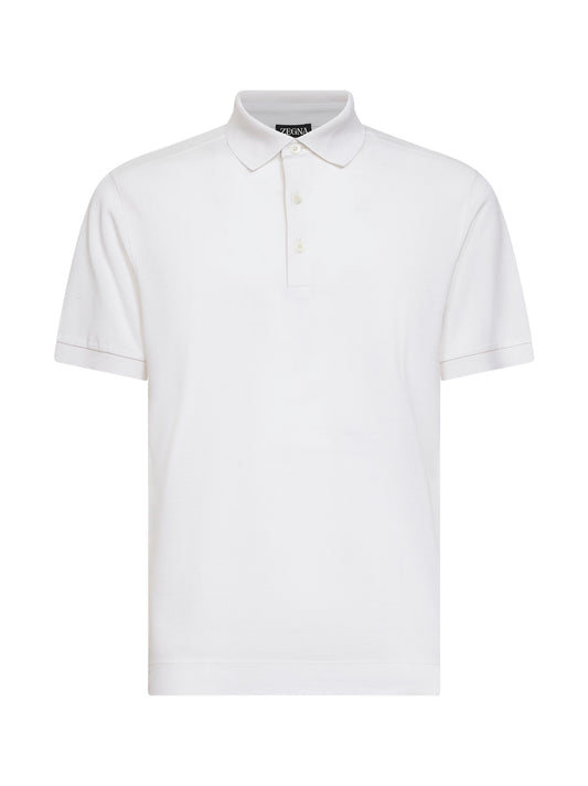 White cotton and silk pique polo shirt