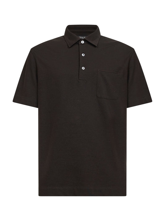 Polo con taschino in piquet di cotone marrone scuro
