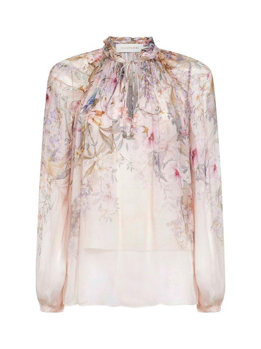 Aviary-print cream viscose Billow Rebellion blouse