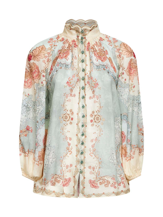 Wallpaper Floral-print mint ramie Daylight blouse