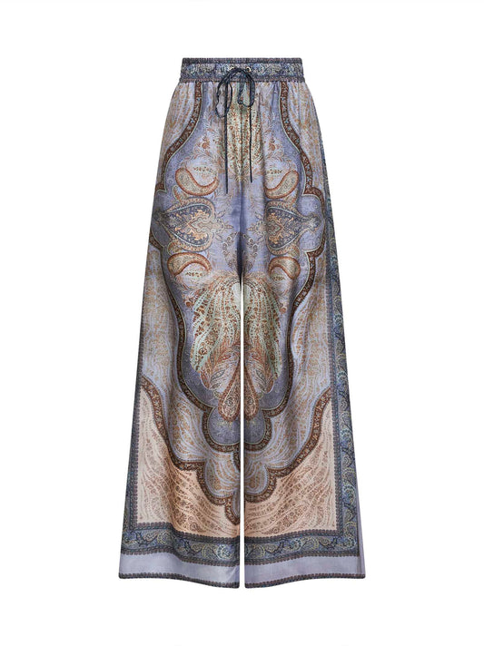 Tapestry-print blue silk habotai Wanderlust trousers