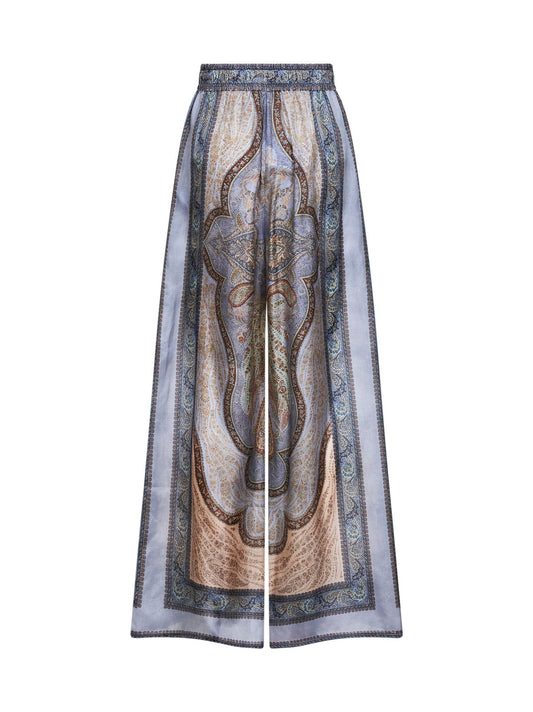 Tapestry-print blue silk habotai Wanderlust trousers