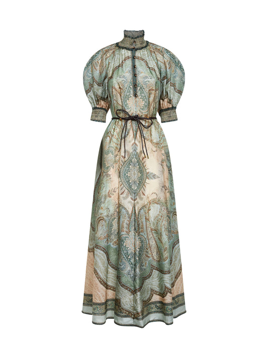 Tapestry-print teal silk habotai Billow Wanderlust midi dress