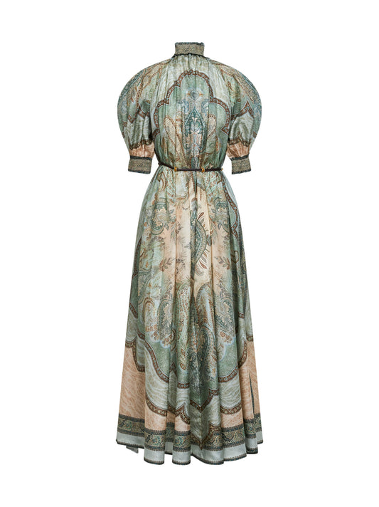 Tapestry-print teal silk habotai Billow Wanderlust midi dress