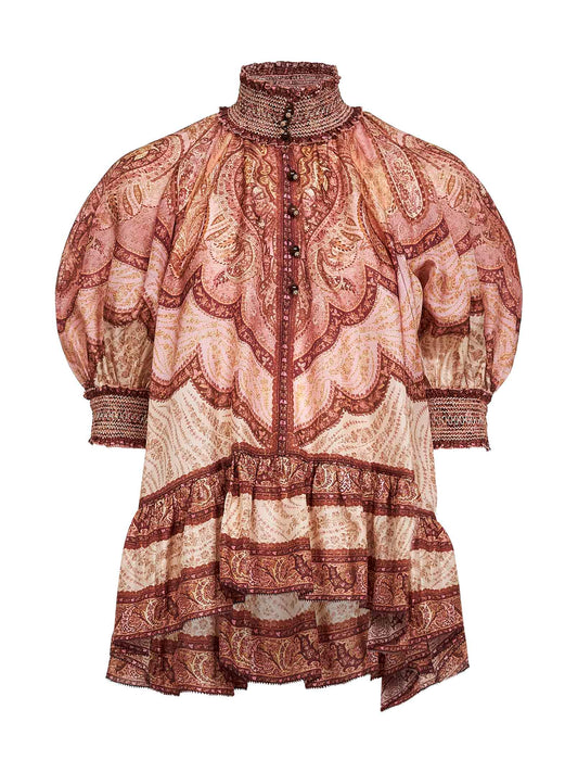 Tapestry-print burgundy silk habotai Wanderlust blouse