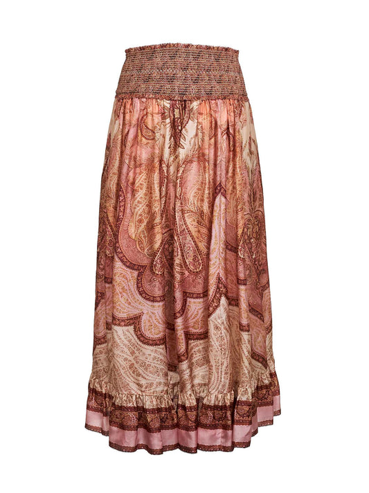 Tapestry-print burgundy silk habotai Wanderlust maxi skirt