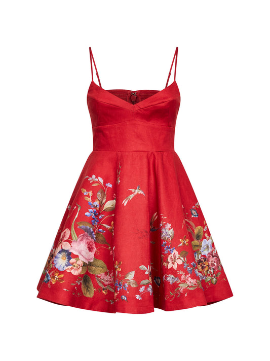 Floral-print red linen Patience mini dress