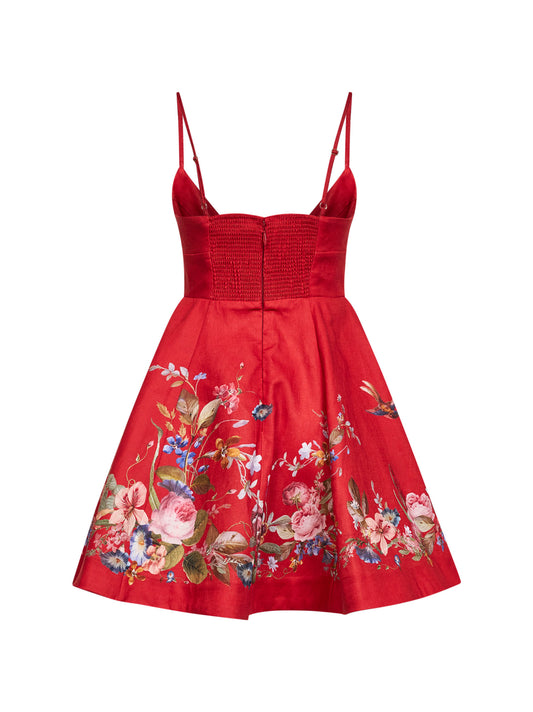 Floral-print red linen Patience mini dress