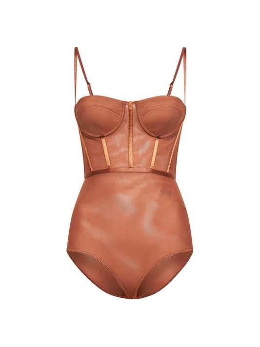 Tan stretch mesh Rebellion corset bodysuit