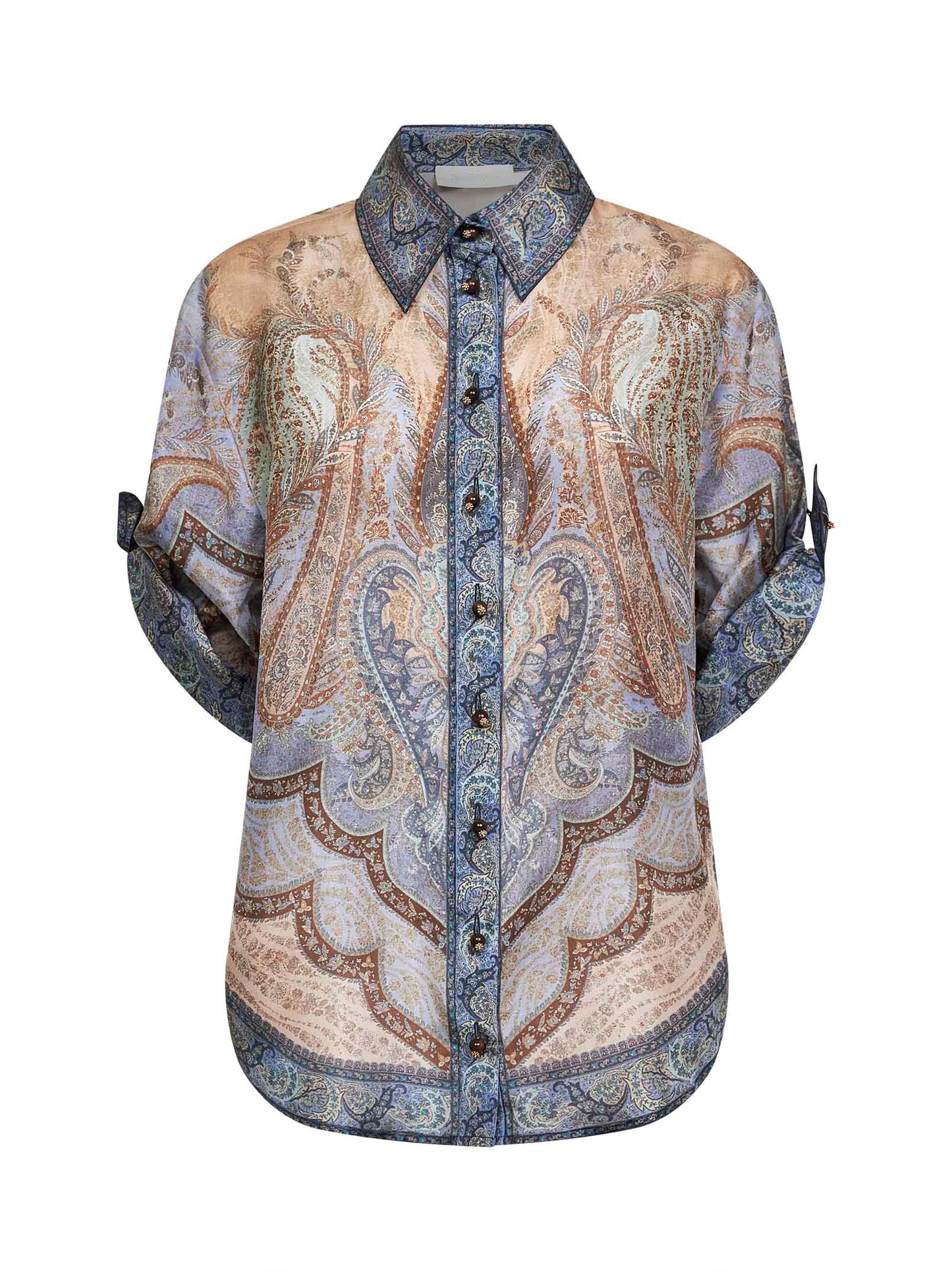 Tapestry-print blue silk habotai Wanderlust shirt