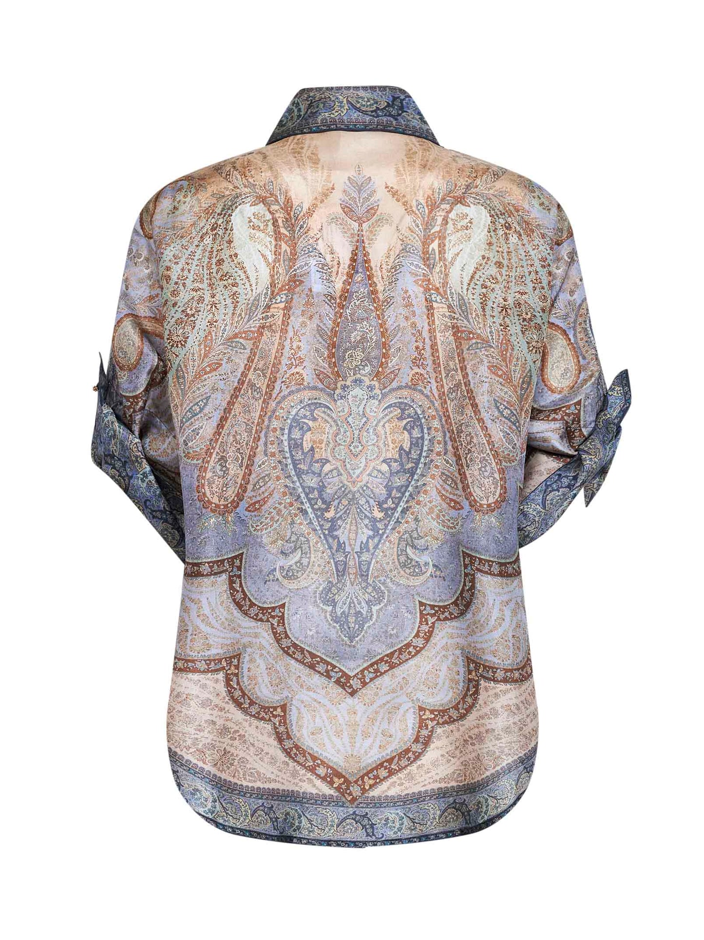 Tapestry-print blue silk habotai Wanderlust shirt