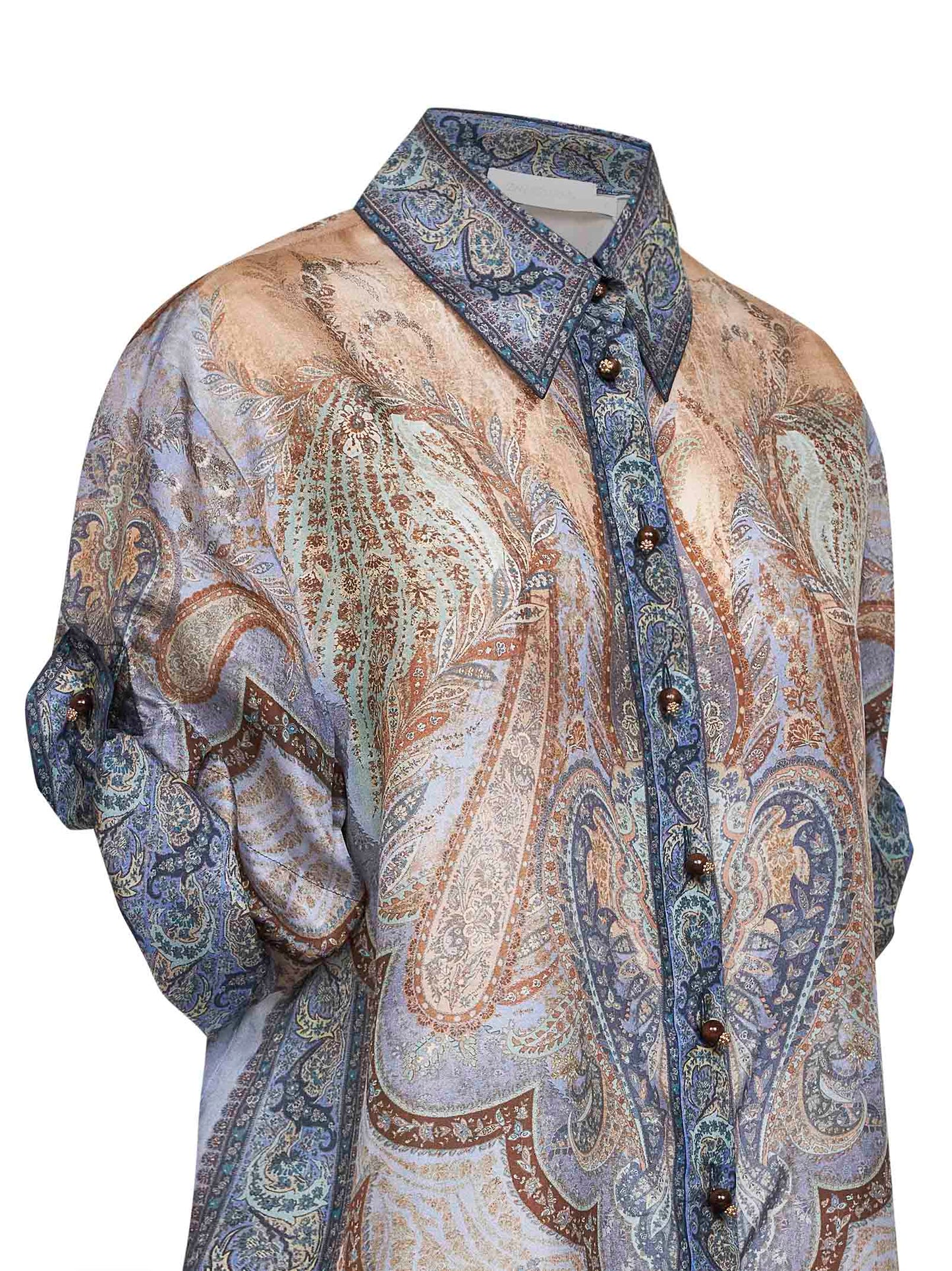 Tapestry-print blue silk habotai Wanderlust shirt