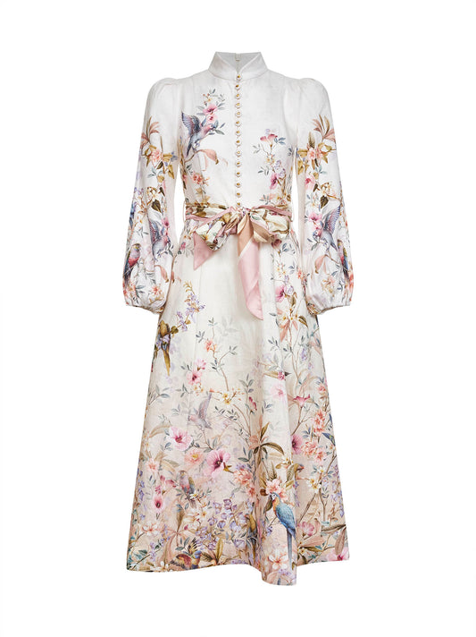 Aviary-print cream linen Rebellion midi dress