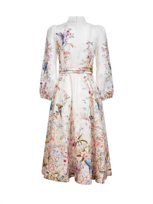 Aviary-print cream linen Rebellion midi dress