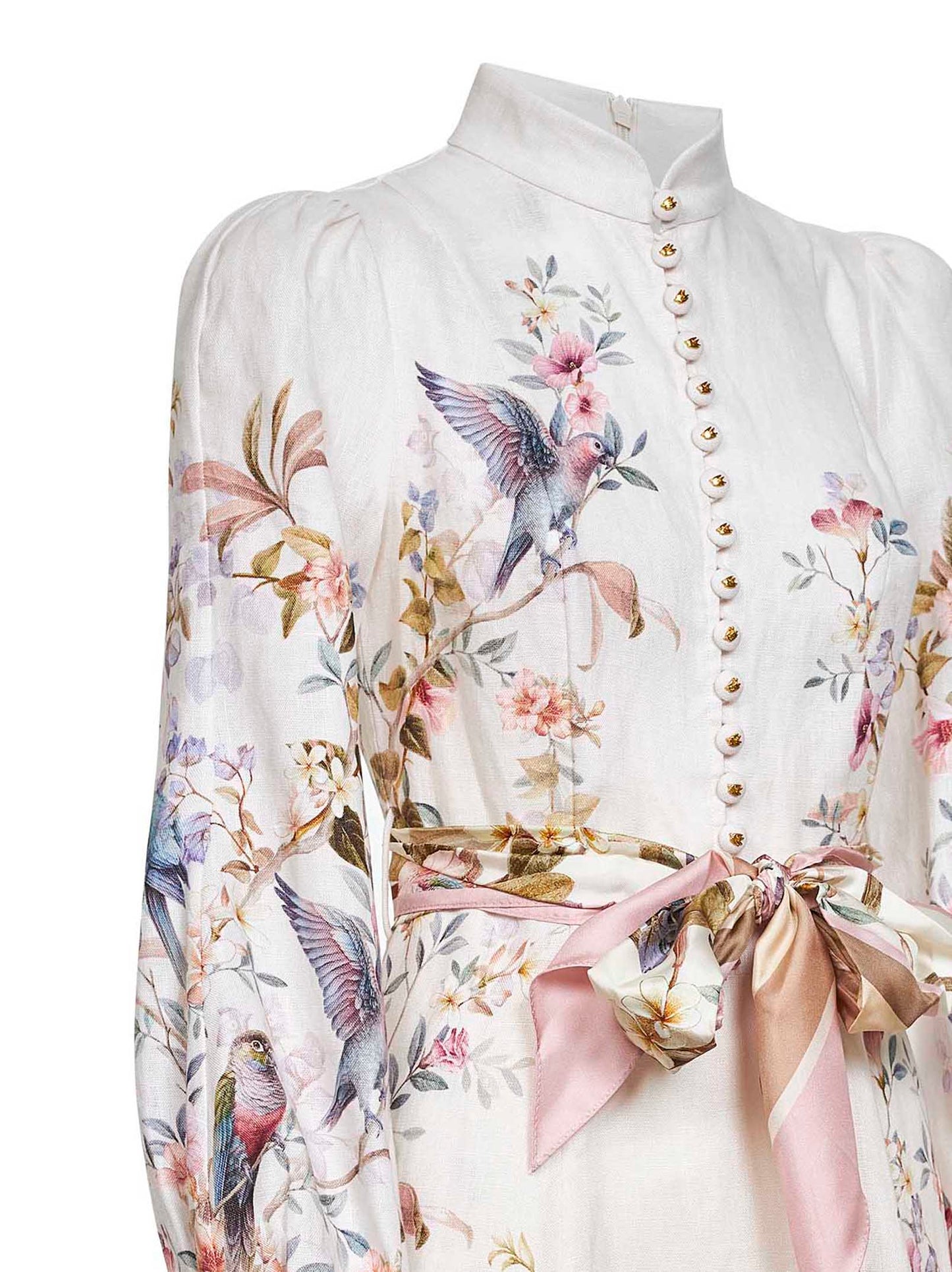 Aviary-print cream linen Rebellion midi dress